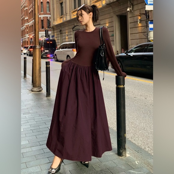 Commense Dresses & Skirts - Commense Plain Long Sleeve Pleated Burgundy Dress